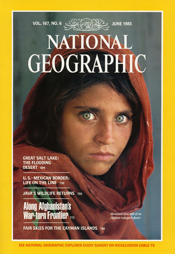 PERMITTED USE: This image may be downloaded or is otherwise provided at no charge for one-time use for coverage or promotion of National Geographic "125 YEARS" and exclusively in conjunction thereof.  Copying, distribution, archiving, sublicensing, sale, or resale of the image is prohibited. REQUIRED CREDIT AND CAPTION: Any and all image uses must (1) bear the copyright notice, (2) be properly credited to the relevant photographer, as shown in this metadata, and (3) be accompanied by a caption which makes reference to of National Geographic "125 YEARS." DEFAULT: Failure to comply with the prohibitions and requirements set forth above will obligate the individual or entity receiving this image to pay a fee determined by National Geographic. 20: 1985 | PAKISTAN Steve McCurry’s iconic photograph of a young Afghan girl in a Pakistan refugee camp appeared on the cover of National Geographic magazine’s June 1985 issue and became the most famous cover image in the magazine’s history. Photo by Steve McCurry
