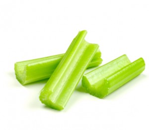 Three pieces of celery arranged on white background.