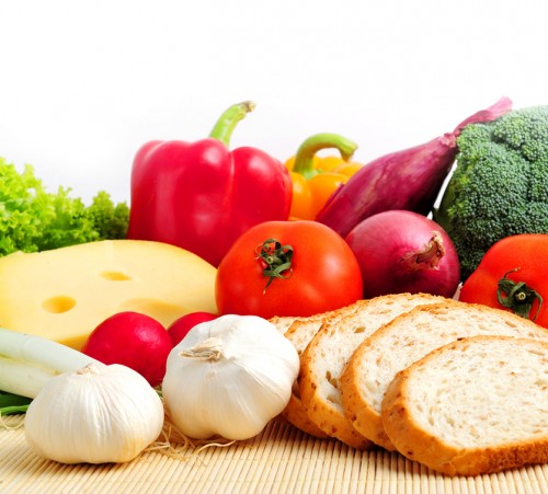 Assorted healthy food on white background, close up